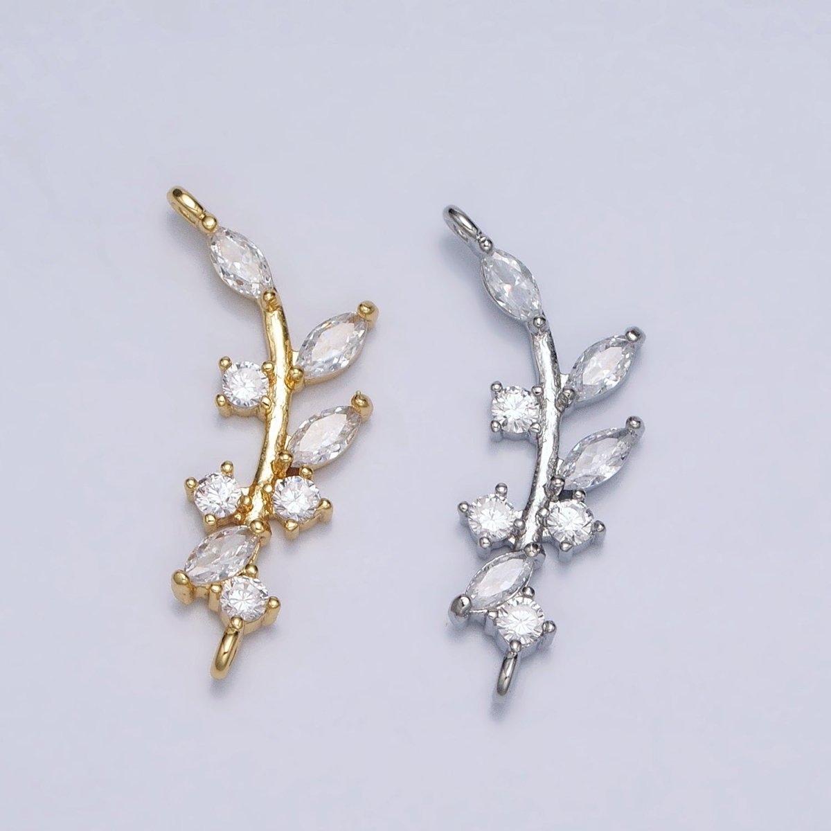 18K Gold Filled Nature Olive Leaf Marquise CZ Curved Connector in Gold & Silver | Y-844
