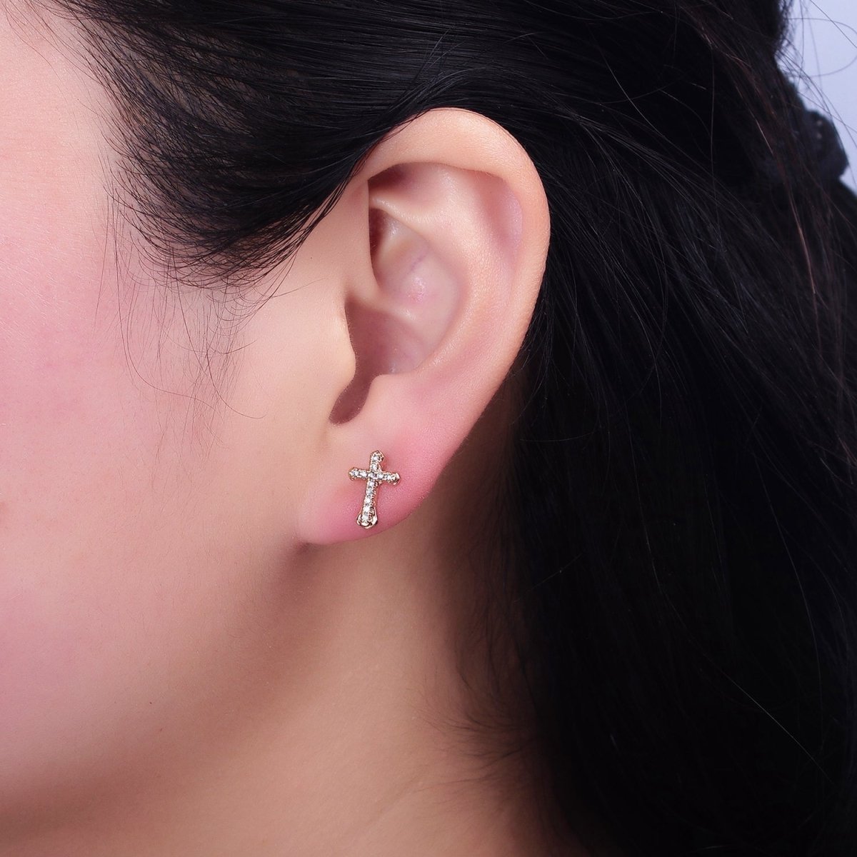 18K Gold Filled Passion Cross Micro Paved CZ Religious Stud Earrings | AD1457