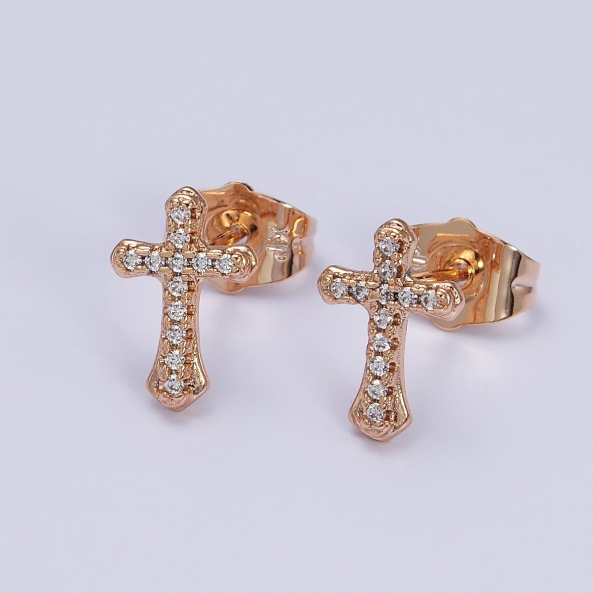 18K Gold Filled Passion Cross Micro Paved CZ Religious Stud Earrings | AD1457