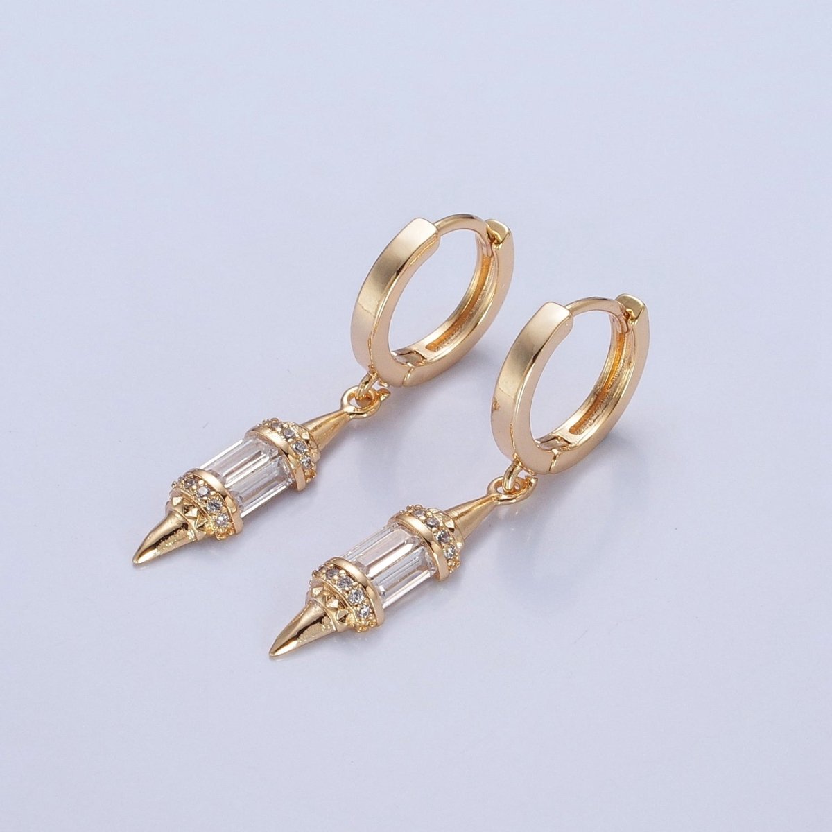 18K Gold Filled pendulum spike drop earrings, Gold Baguette spike dainty earrings, edgy style small spike earrings V-445