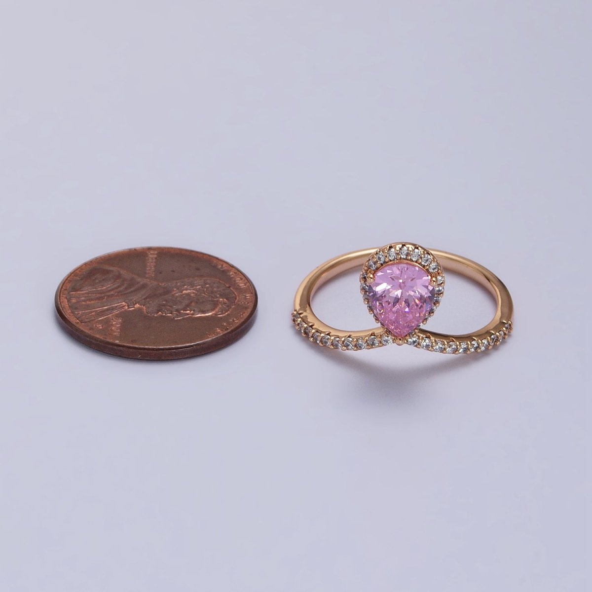18K Gold Filled Pink Teardrop CZ Micro Paved Chevron Adjustable Ring | R-144