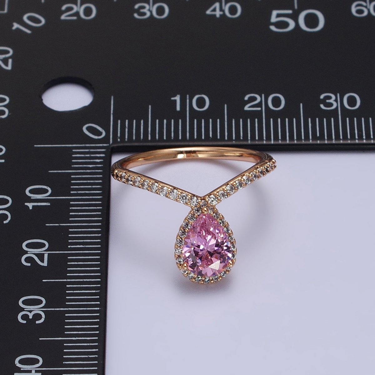 18K Gold Filled Pink Teardrop CZ Micro Paved Chevron Adjustable Ring | R-144