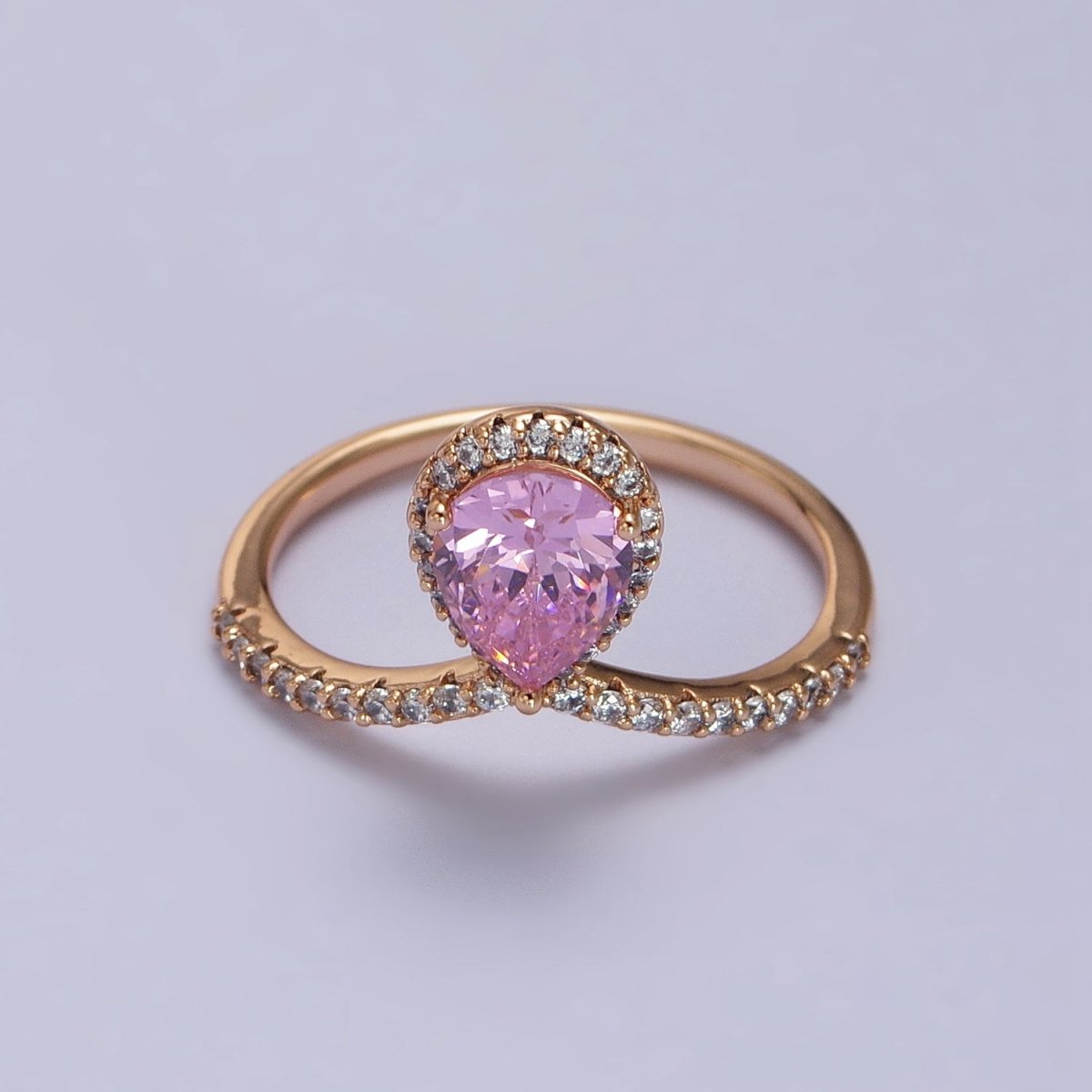 18K Gold Filled Pink Teardrop CZ Micro Paved Chevron Adjustable Ring | R-144