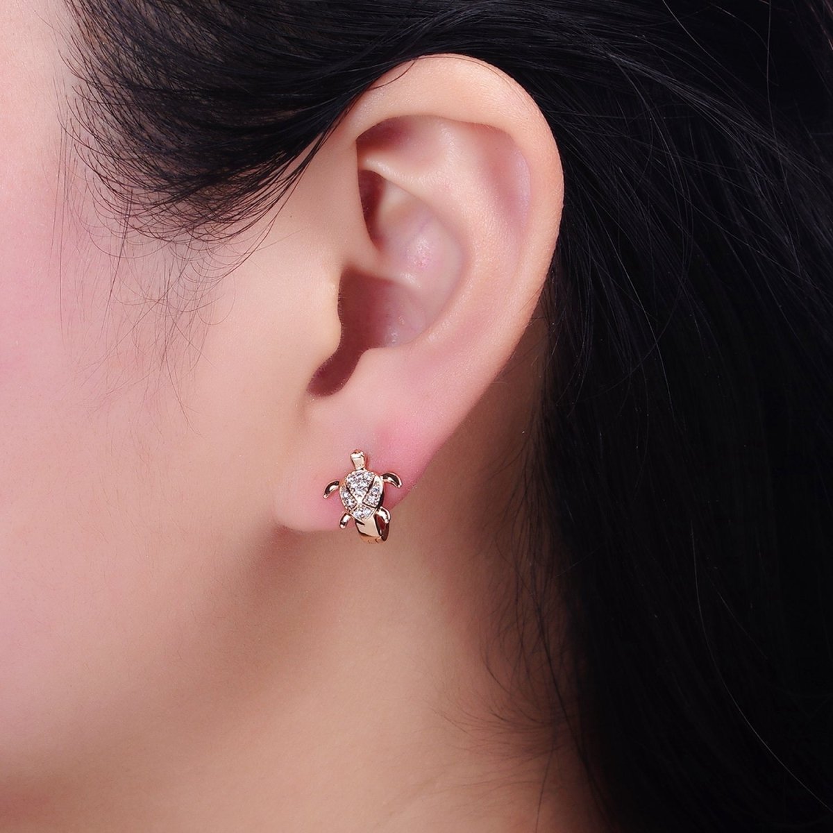 18K Gold Filled Turtle Tortoise Micro Paved CZ Animal Huggie Earrings | AD1364