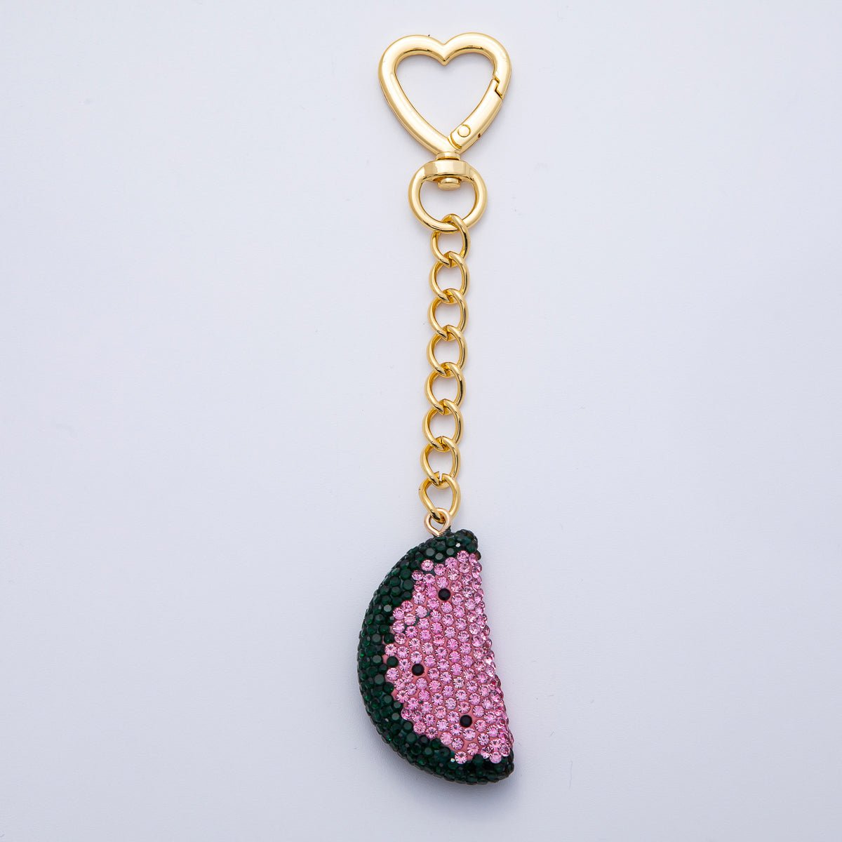18K Gold Filled Watermelon Bedazzled Bag Charm Heart Push Gate Keychain Accessories | WB-00239