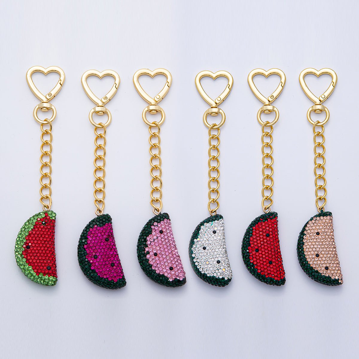 18K Gold Filled Watermelon Bedazzled Bag Charm Heart Push Gate Keychain Accessories | WB-00239