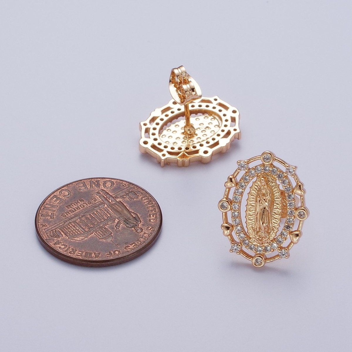 18K Gold Heart Round Micro Paved CZ Lady Guadalupe Virgin Mary Religious Stud Earrings | AE1052
