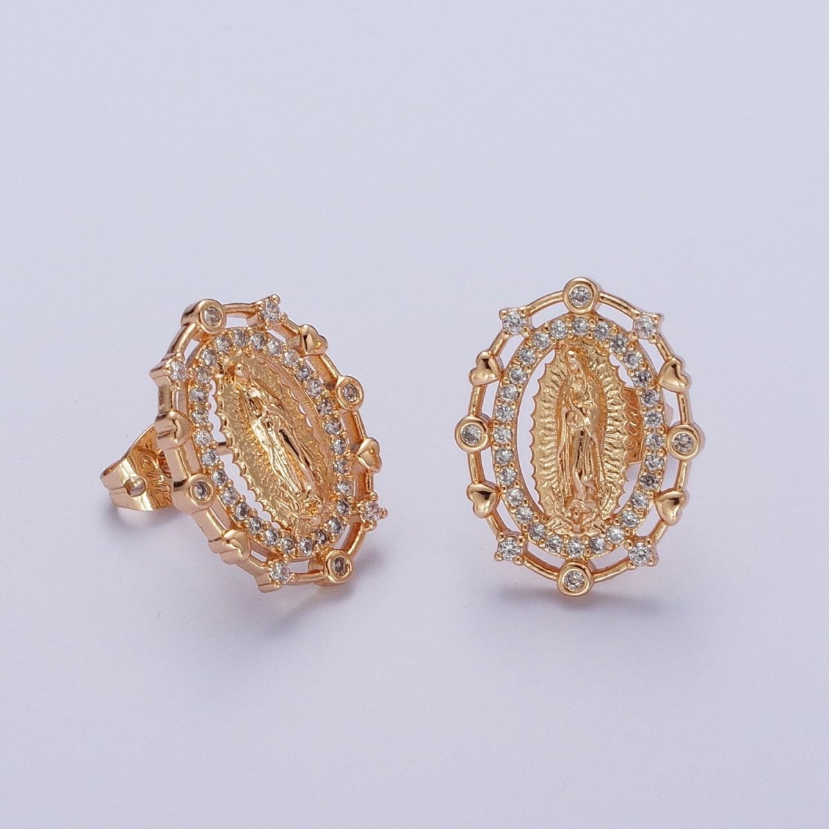 18K Gold Heart Round Micro Paved CZ Lady Guadalupe Virgin Mary Religious Stud Earrings | AE1052