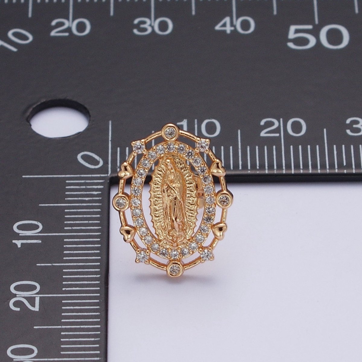 18K Gold Heart Round Micro Paved CZ Lady Guadalupe Virgin Mary Religious Stud Earrings | AE1052