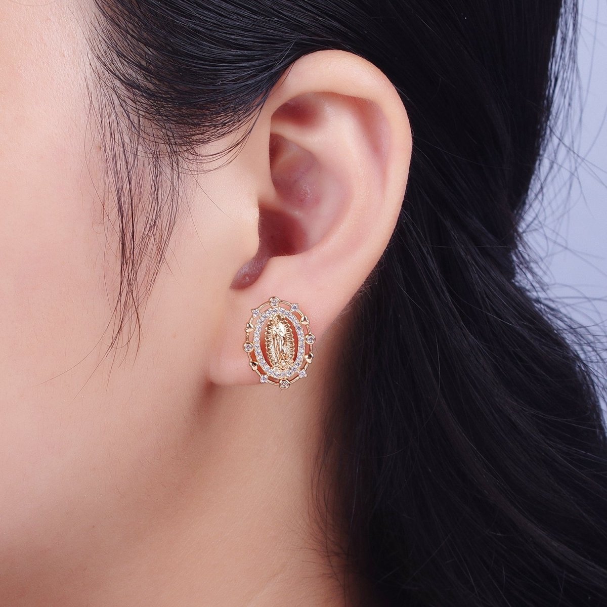 18K Gold Heart Round Micro Paved CZ Lady Guadalupe Virgin Mary Religious Stud Earrings | AE1052