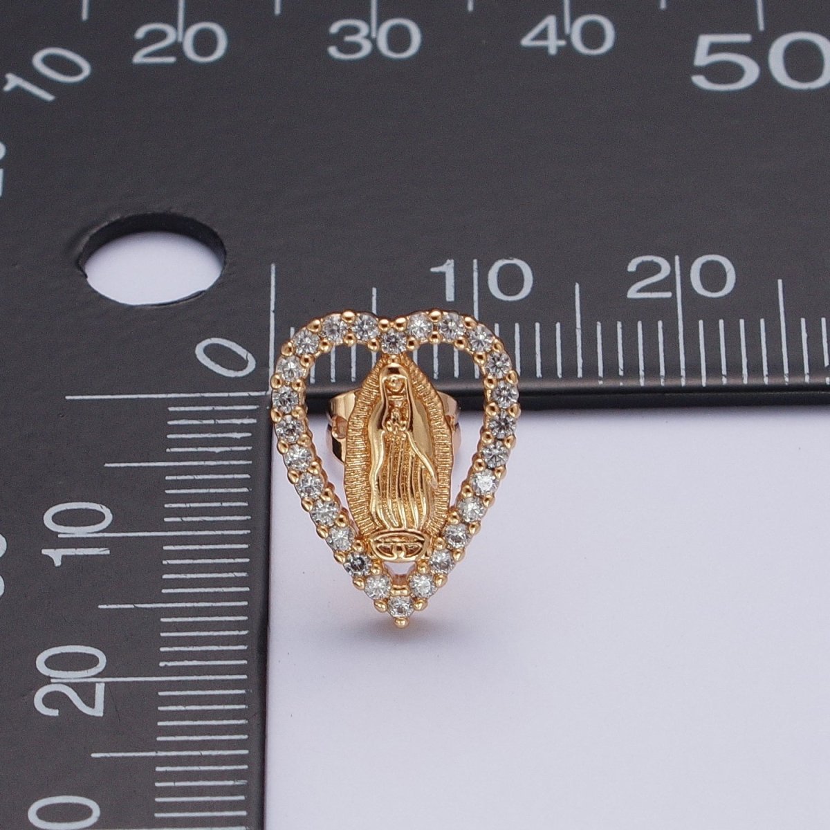 18K Gold Micro Paved Heart Outline Mother Virgin Mary Religious Stud Earrings | AE-1048