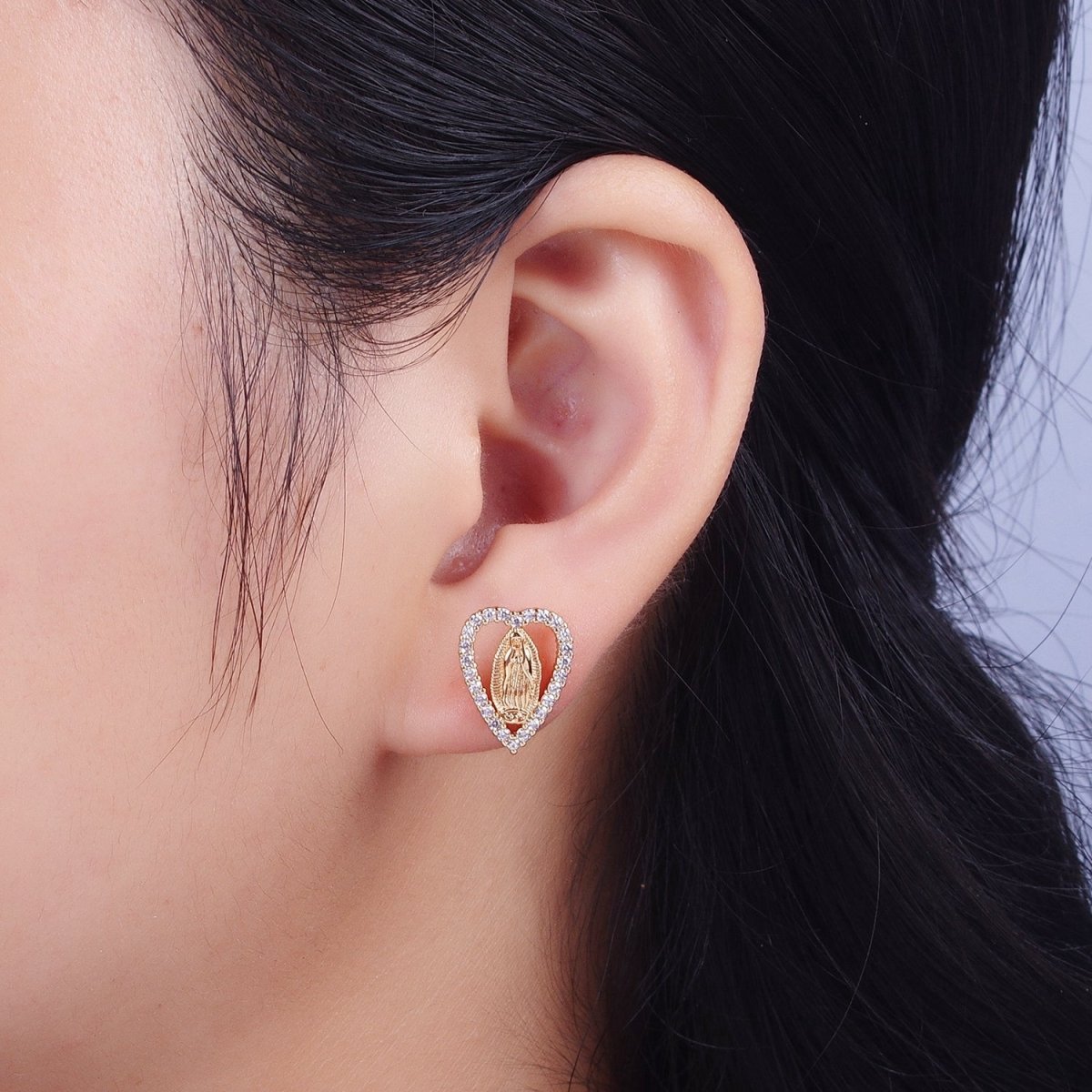 18K Gold Micro Paved Heart Outline Mother Virgin Mary Religious Stud Earrings | AE-1048