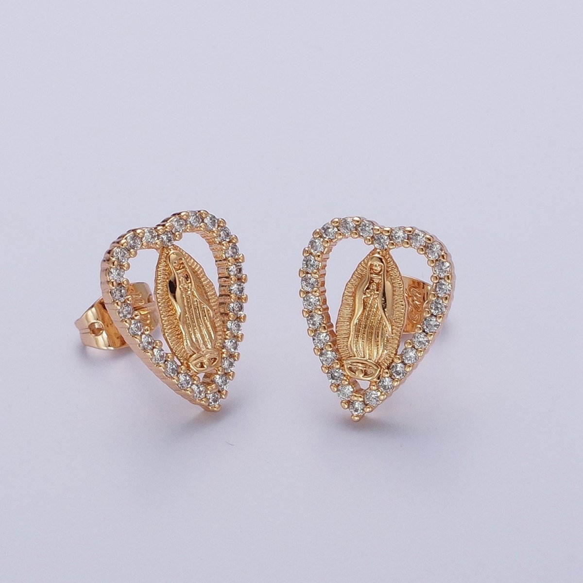 18K Gold Micro Paved Heart Outline Mother Virgin Mary Religious Stud Earrings | AE-1048