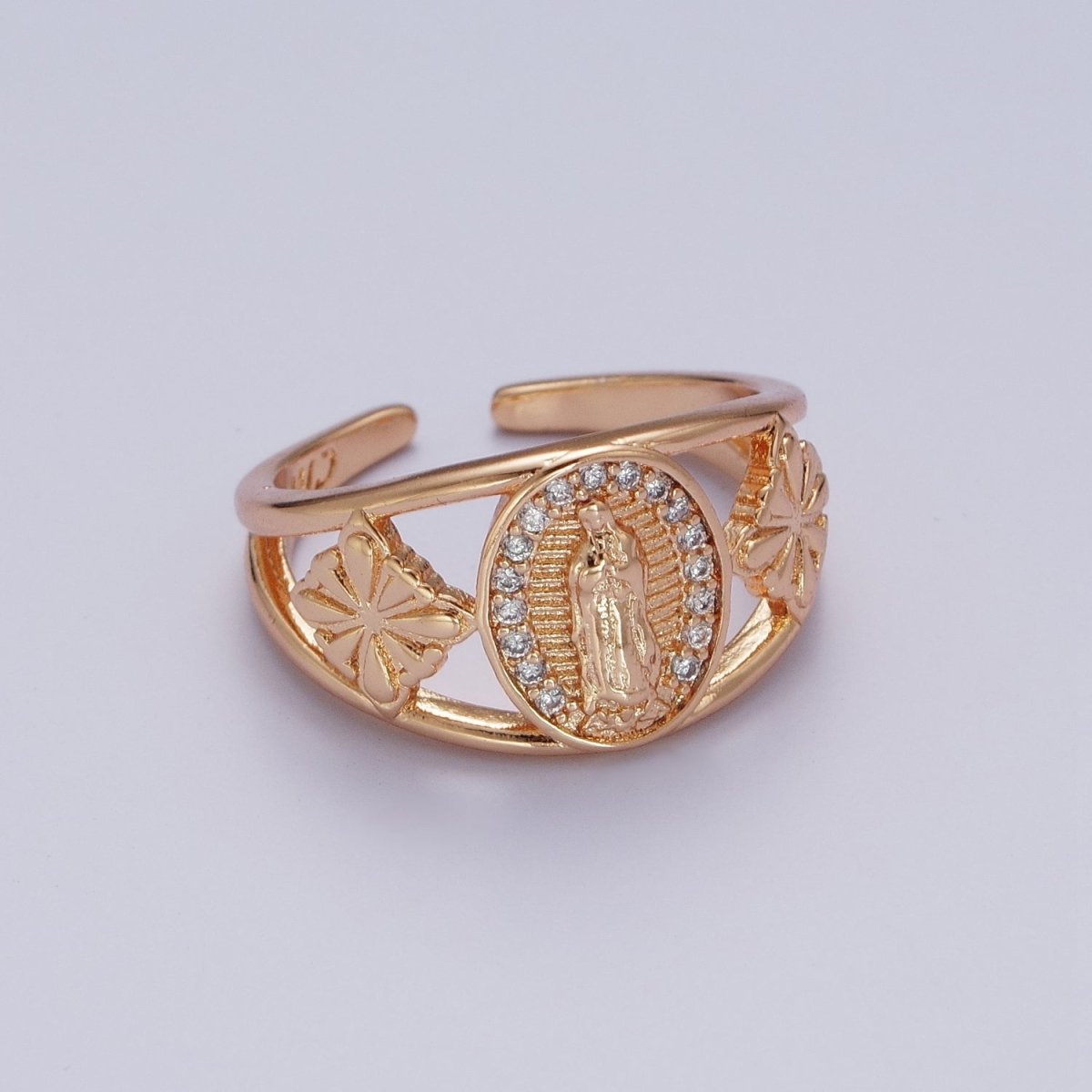 18K Gold Religious Micro Paved CZ Mother Virgin Mary Flowers Wide Ring | O-1993