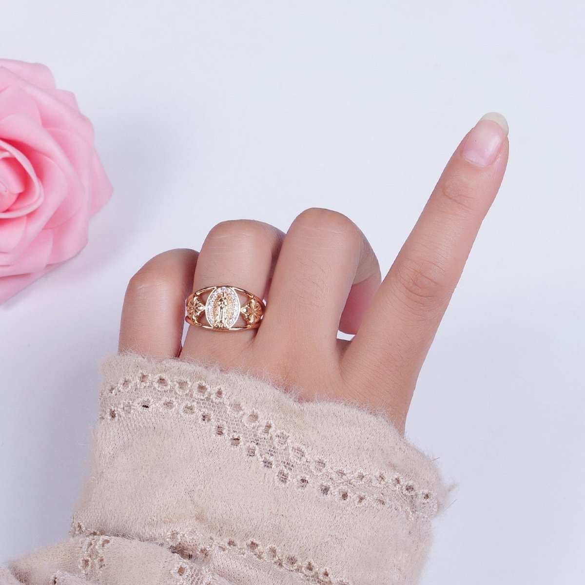 18K Gold Religious Micro Paved CZ Mother Virgin Mary Flowers Wide Ring | O-1993