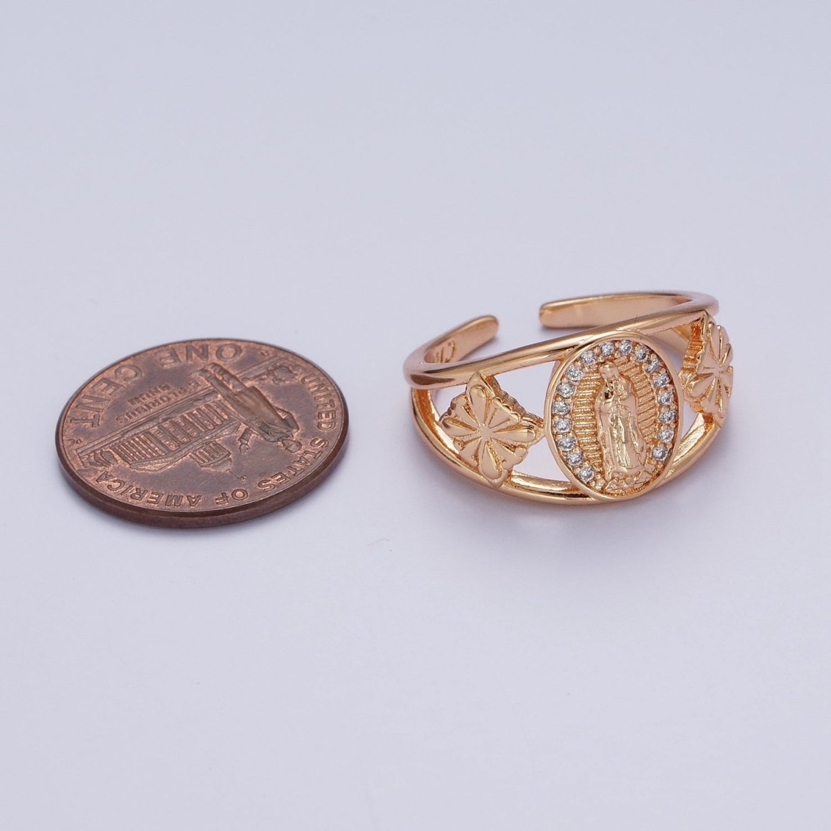 18K Gold Religious Micro Paved CZ Mother Virgin Mary Flowers Wide Ring | O-1993