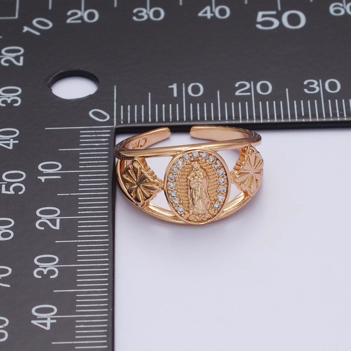 18K Gold Religious Micro Paved CZ Mother Virgin Mary Flowers Wide Ring | O-1993