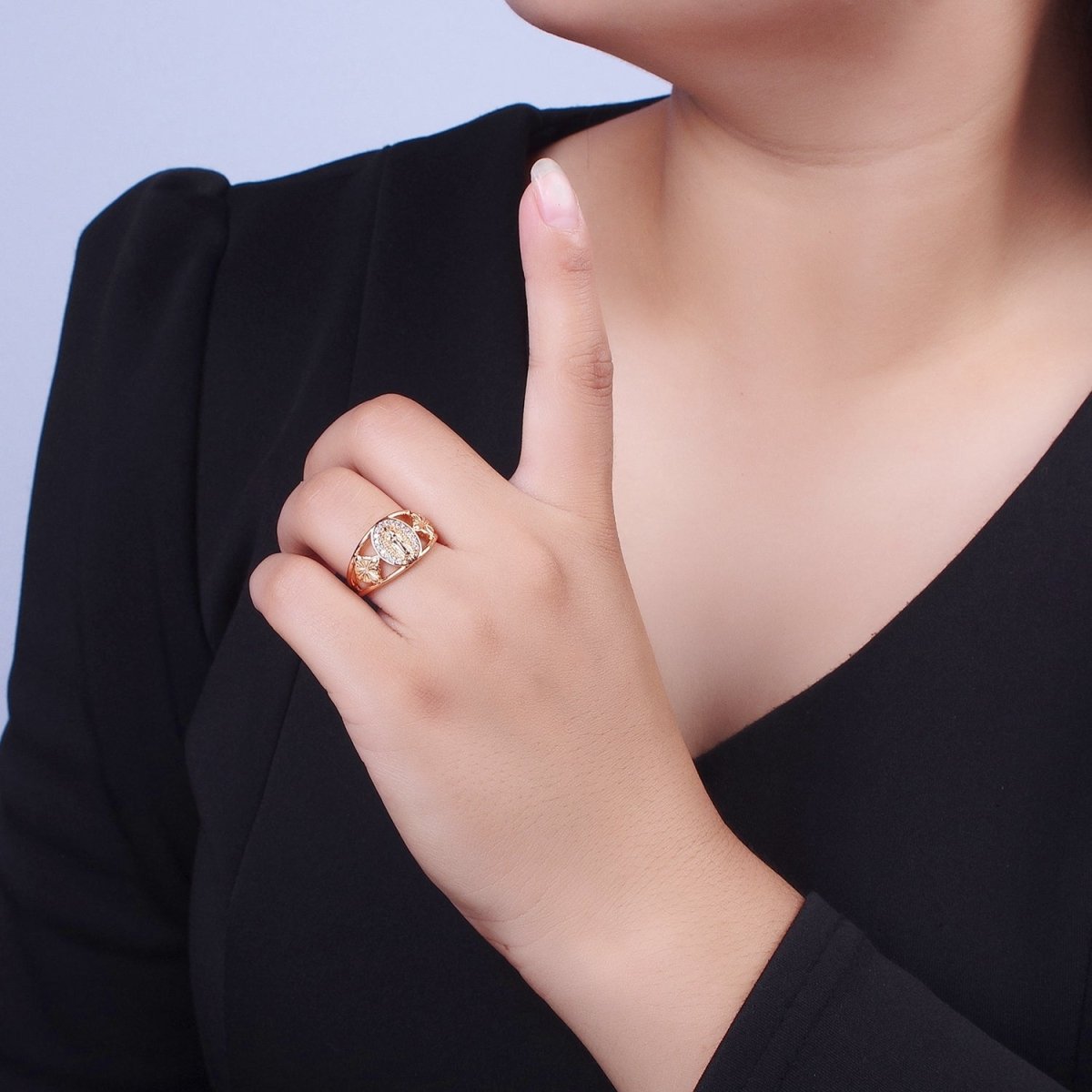 18K Gold Religious Micro Paved CZ Mother Virgin Mary Flowers Wide Ring | O-1993