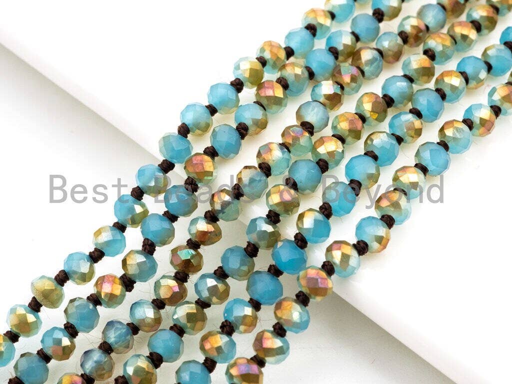 60/36 Long Hand Knotted Blue Gold Color Crystal Necklace, Double Wrap Necklace, Turquoise Color 4mm/8mm Rondelle Crystal Beads, SKU#D19