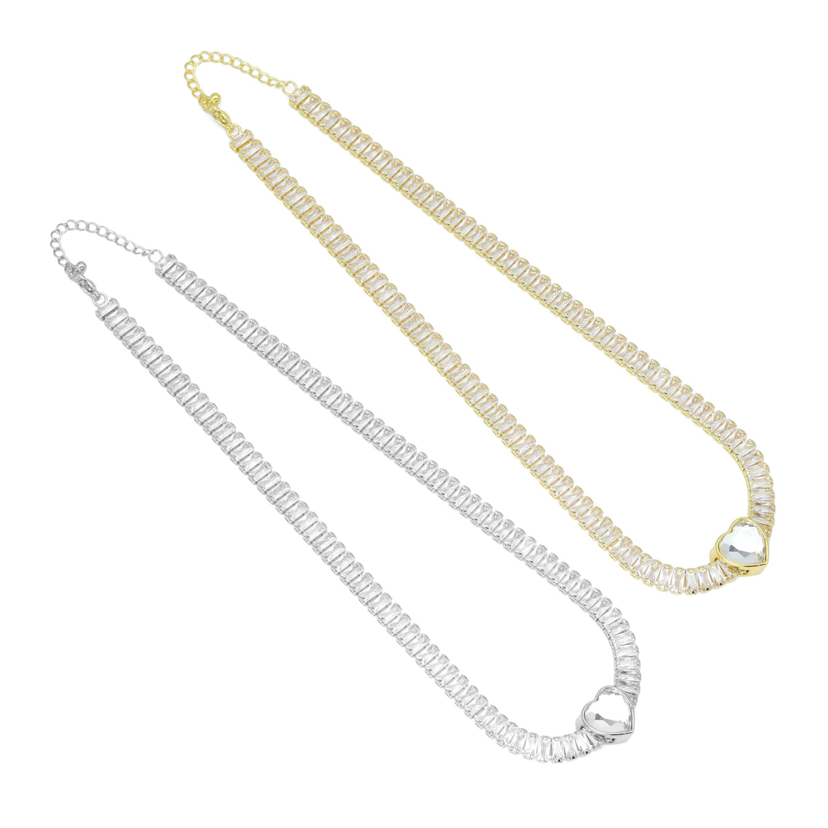 Baguette CZ Tennis Chain Removable Heart Center Necklace, Sku#A383