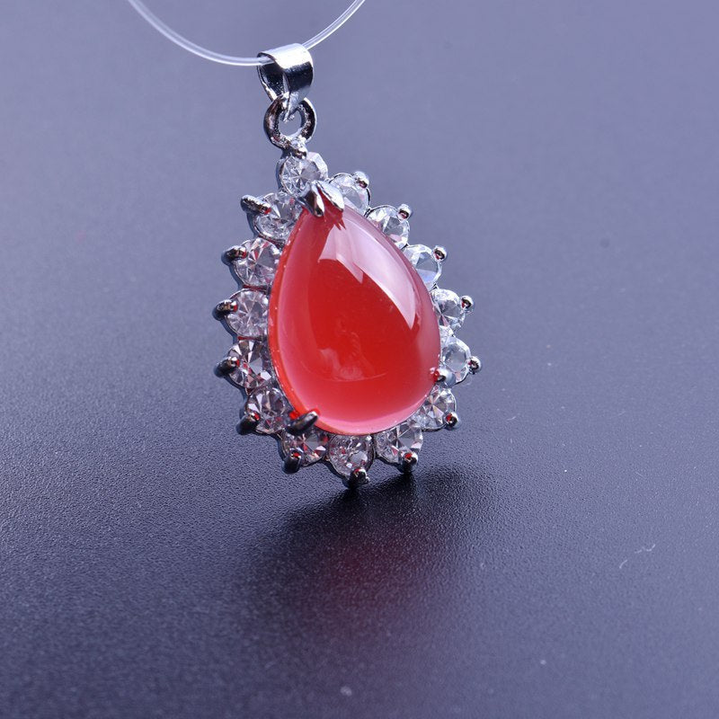 Ethnic Red Green Water Drop Chalcedony Surrounding Diamond Pendant