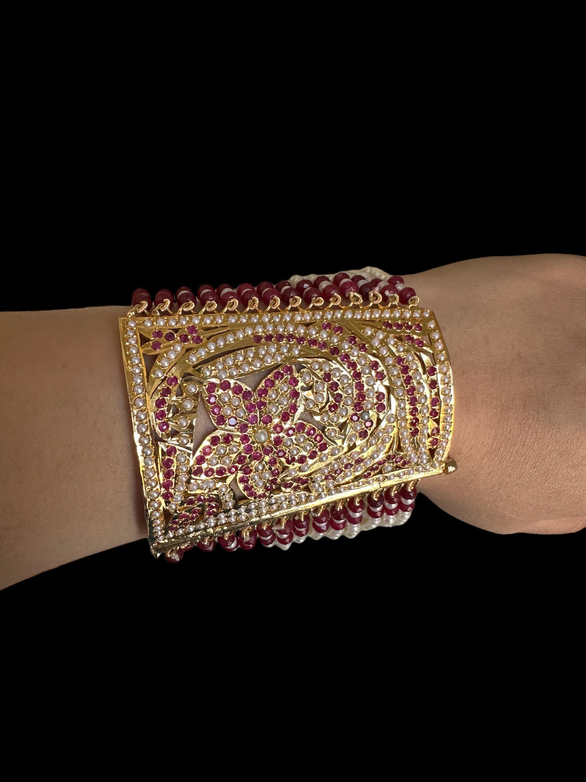 B198 Jadau bahi / bracelet - Ruby pearl ( READY TO SHIP  )