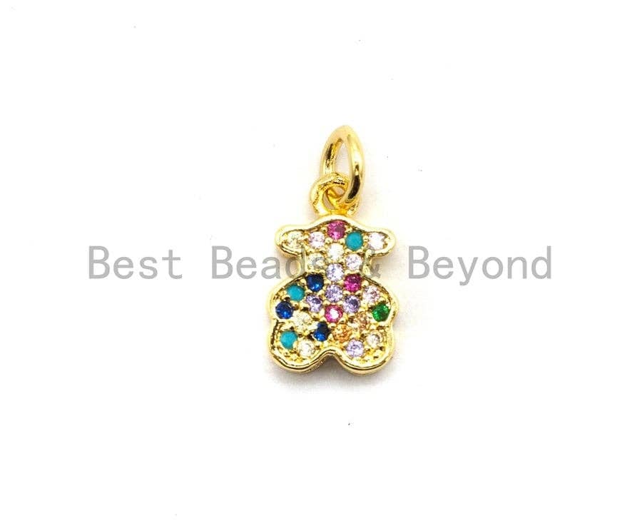 CZ Colorful Micro Pave Teddy Bear Pendant, Teddy Bear Shaped Pave Pendant, Gold plated, 8x12mm, Sku#F725C