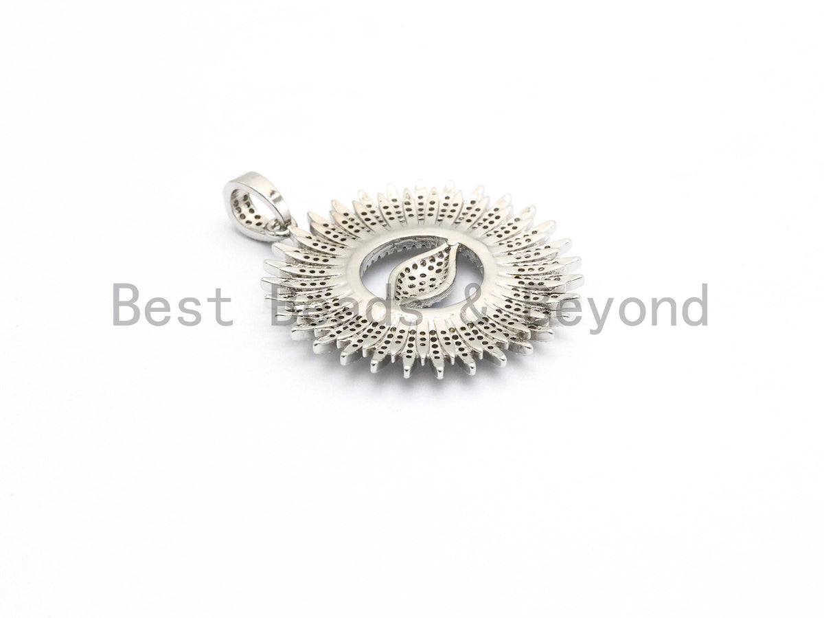 Large CZ Micro Pave Flower With Blue Evil Eye Pendant, Cubic Zirconia Paved Charm/Focal Pendant, Necklace Charm Pendant, 36x39mm,sku#F556