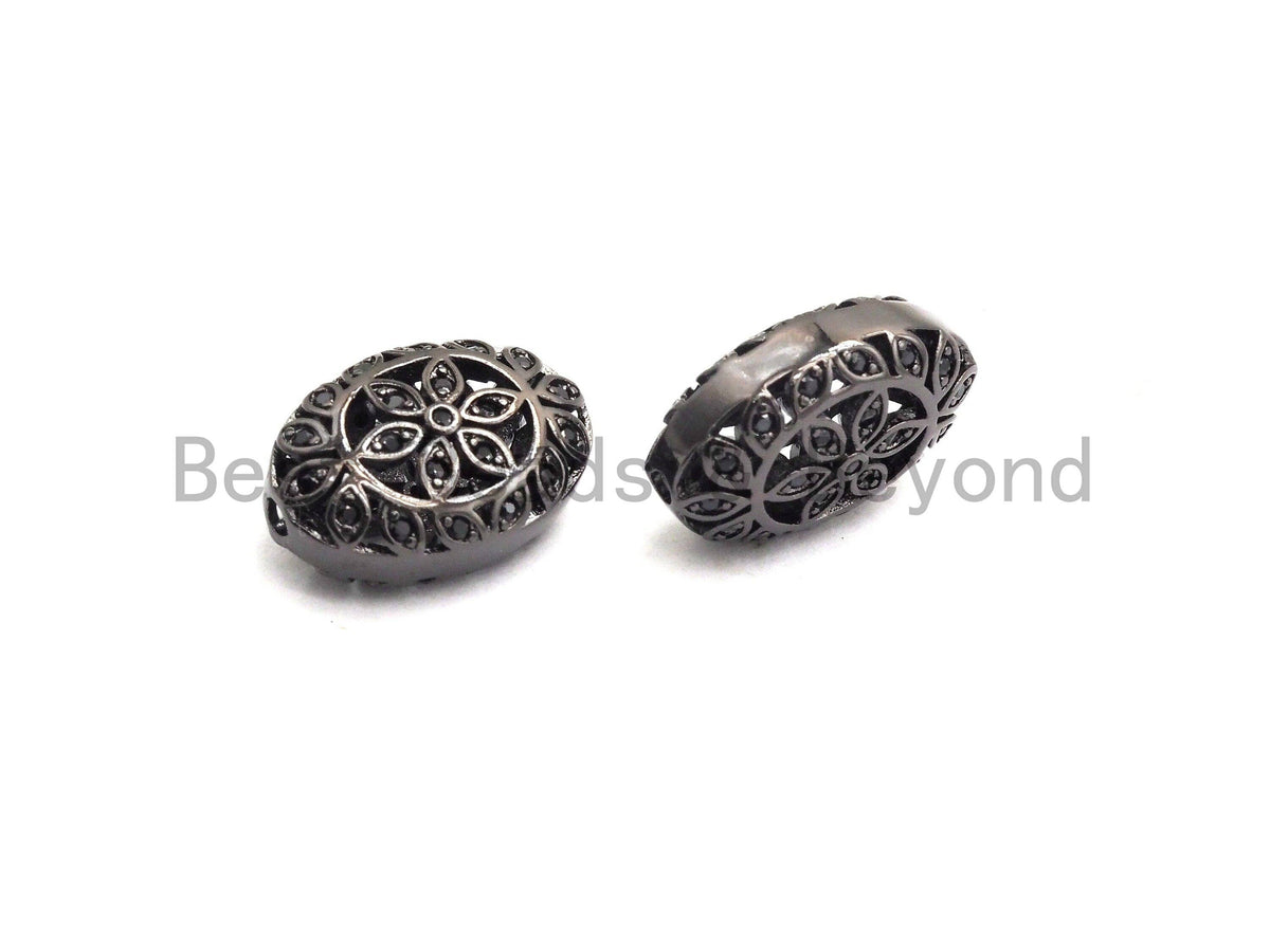 Black CZ Pave On Black  Micro Pave Oval Spacer Beads with Flower Pattern, Black CZ Pave Beads for Bracelet/Necklace, 12x17mm, sku#G416