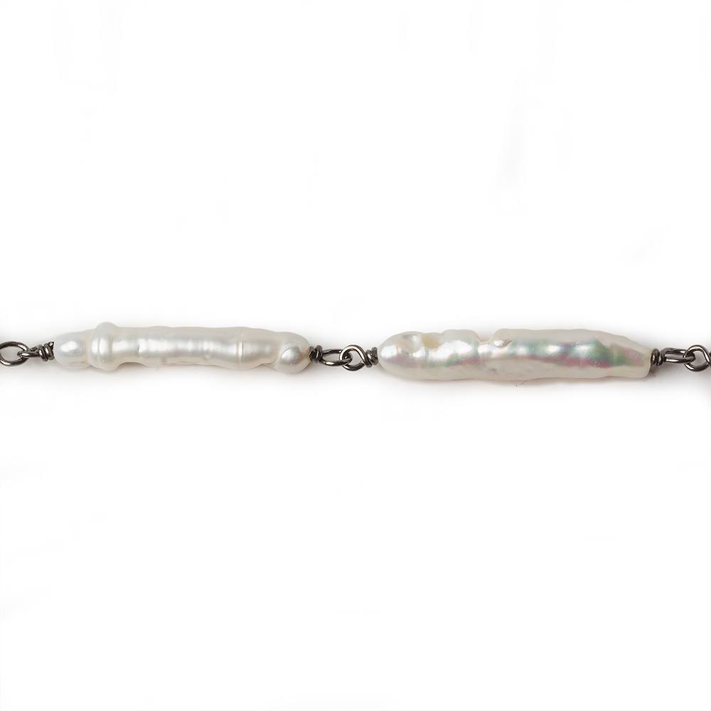 19x4mm White Biwa Pearl Black Gold .925 Silver Chain by the foot 11 pcs