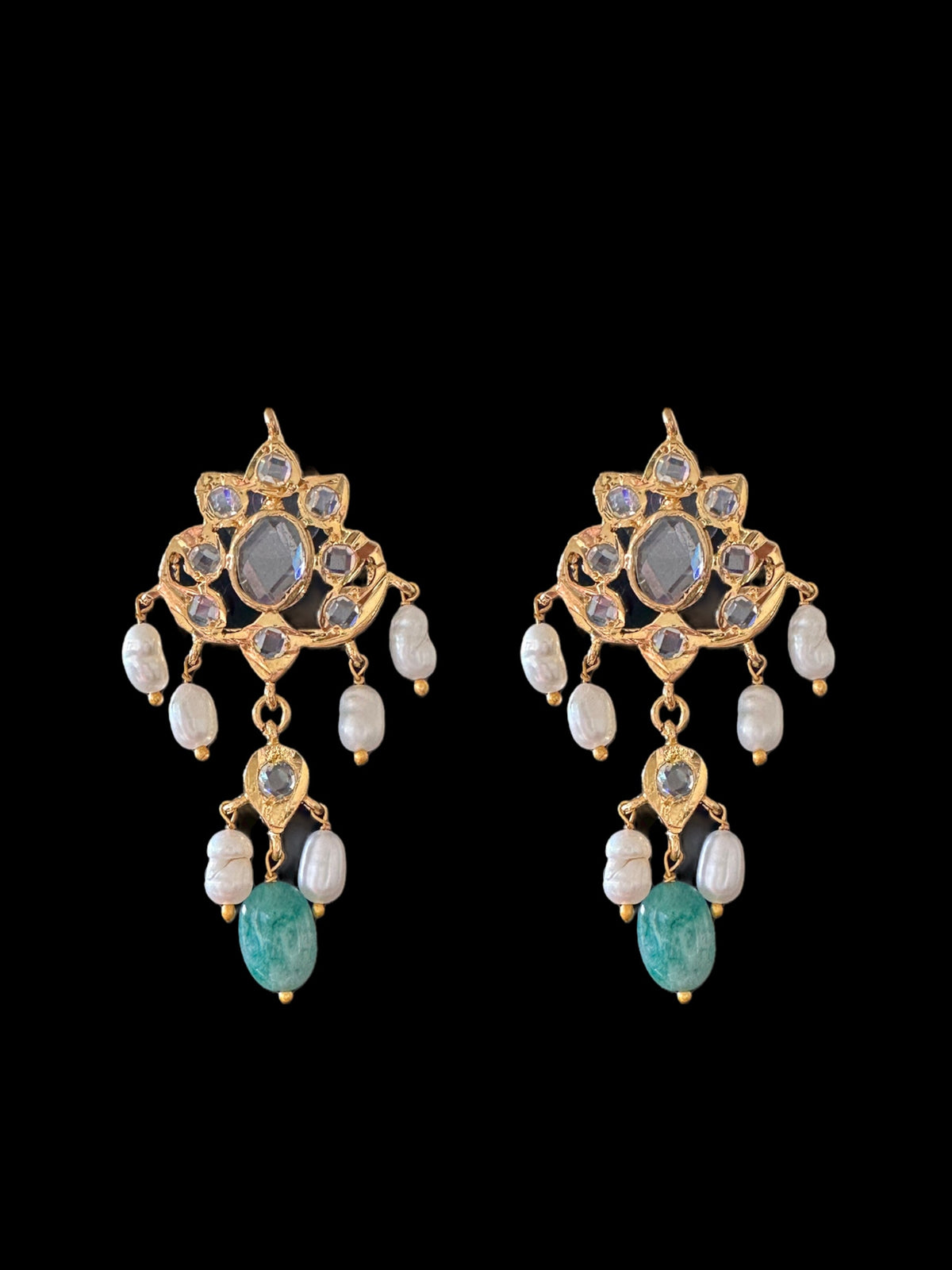 DNS110 Barfi necklace set in fresh water pearls and emerald beads ( READY TO SHIP )