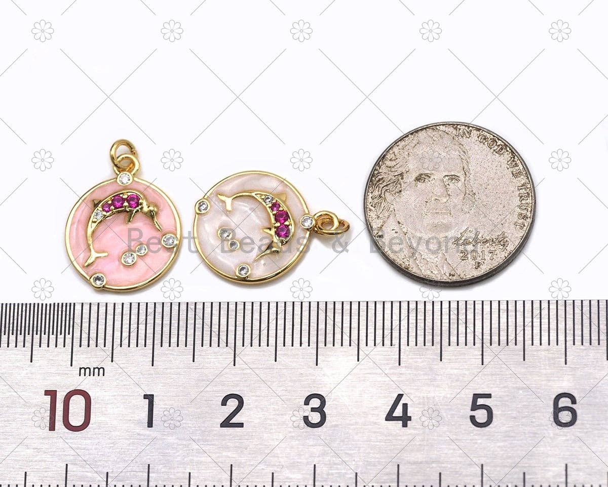 CZ Micro Pave Dolphin On Enamel Round Coin Shape Pendant,18K Gold Filled Dolphin Charm, Necklace Bracelet Charm Pendant, Sku#JD16