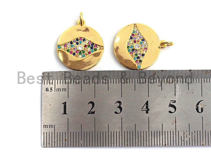 CZ Colorful Micro Pave Round Gold With Evil Eye Pendant, Coin Shaped Pave Pendant, Gold plated,18x20mm, Sku#F868