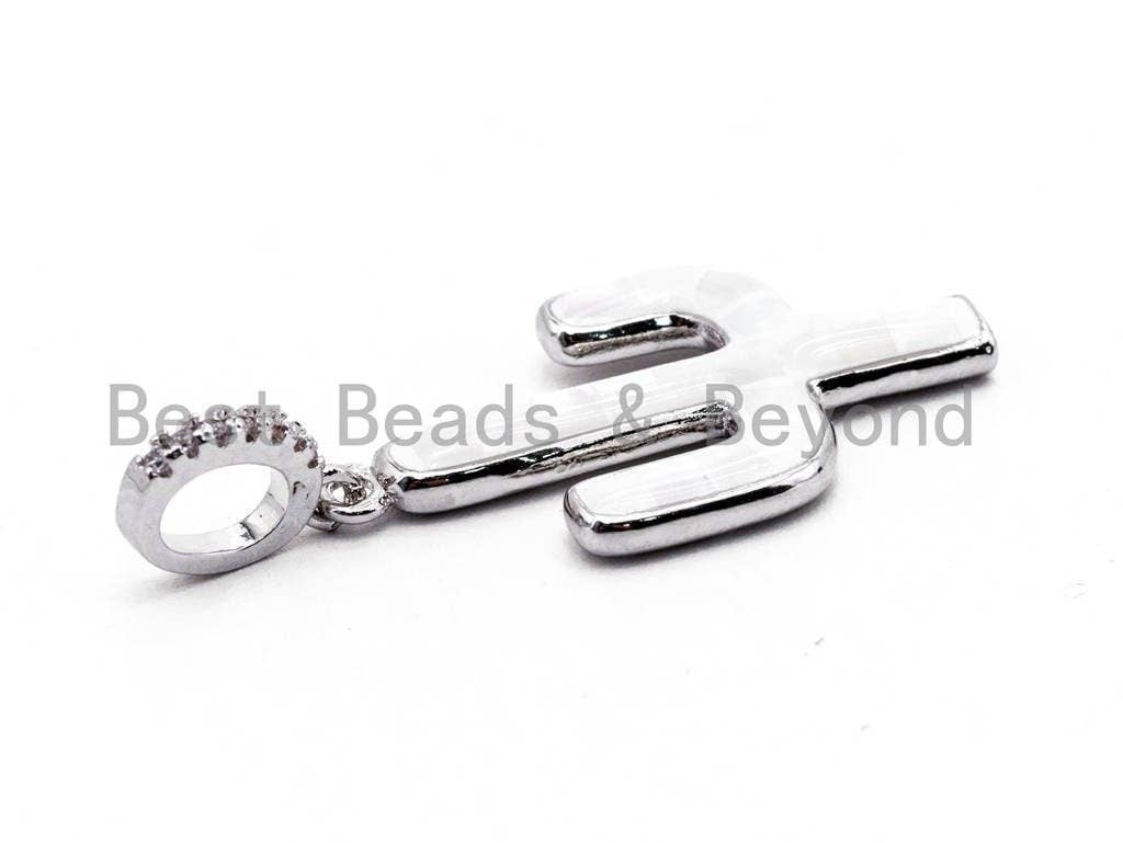 CZ Micro Pave CACTUS Pendant with Mother of Pearl Shell, Cubic Zirconia Pave Findings, 16x28mm, 1pc, SKU#F464