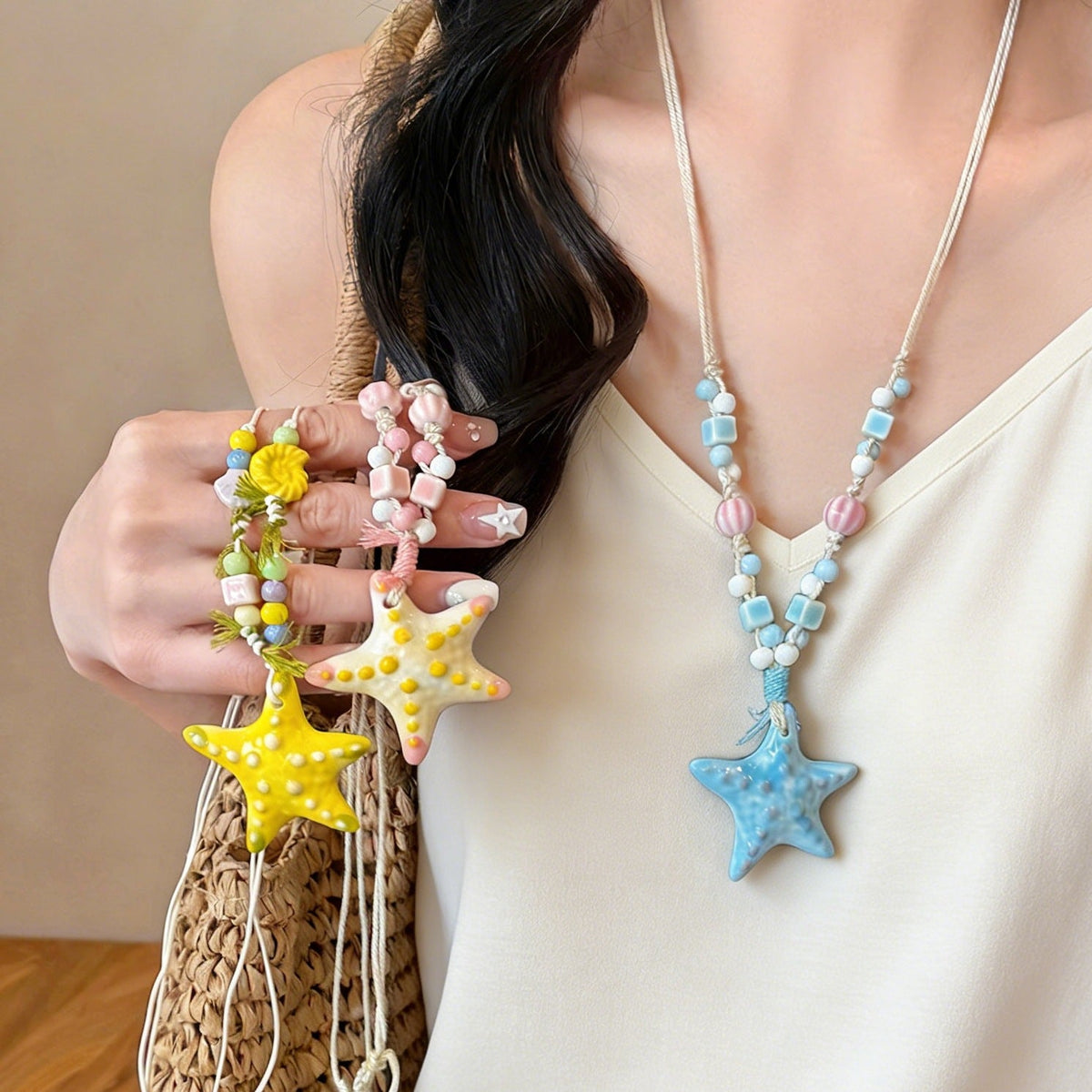 Dopamine Colorful Starfish Beaded Necklace For Women