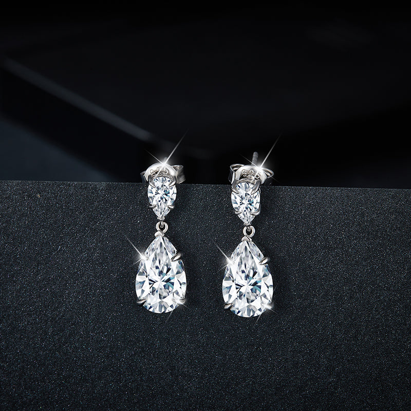 S925 Sterling Silver Pear Cut Moissanite Dangle Earrings  7x11mm Teardrop Double Stone Drop Earrings With GRA Platinum Plated Jewelry Gift Box Set
