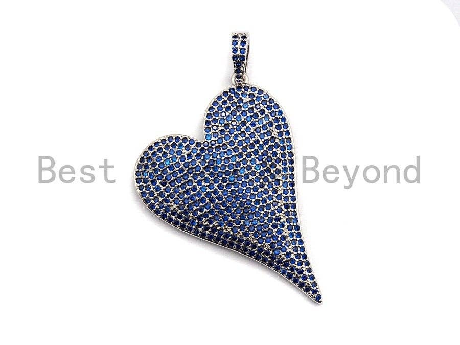 CZ Cobalt Micro Pave Large Heart Pendant, Heart Shaped Pave Pendant, Gold/Silver/Gunmetal plated, 30x41mm, Sku#X54
