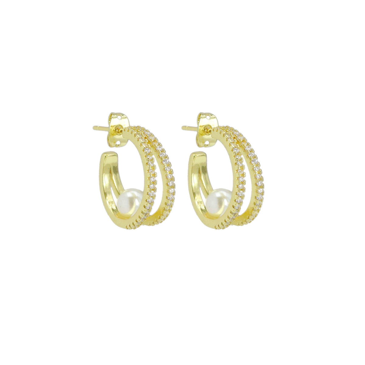 Clear CZ Double Line Pearl Earrings, Sku#LK1013