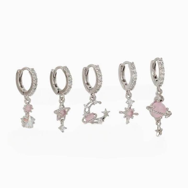 Multi Sets of Blue Flower Pierced Earrings, 4-6pcs, 18k Gold Plated Stud Drop Hoop Huggie Cuff Chain, S925 Needle