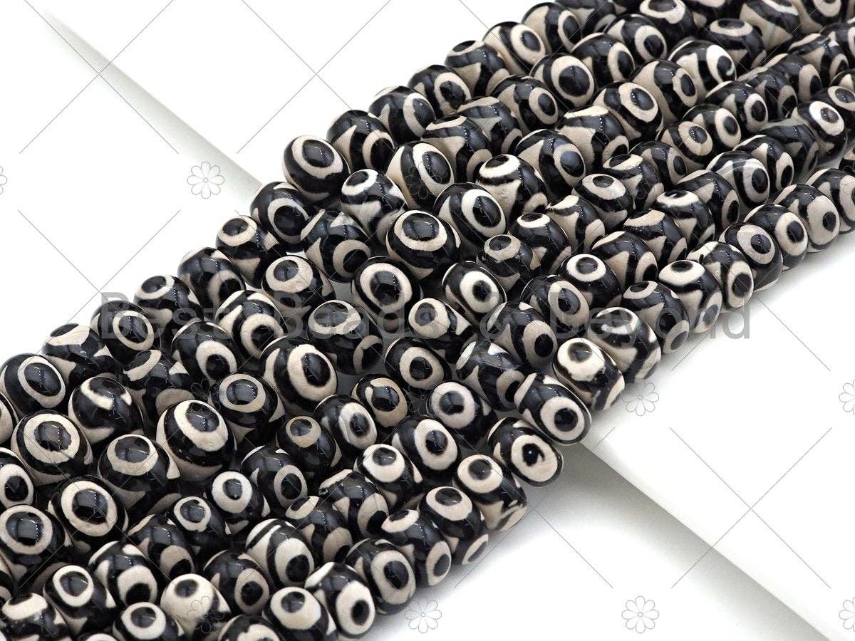 Natural Black Tibetan Agate Rondelle Smooth Beads,Black Dzi Rondelle Beads,Tibetan Dzi Beads, 8x12mm/10x14mm, 15.5'' Full Strand,Sku#U1050C