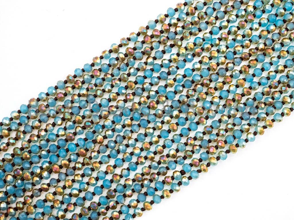 60/36 Long Hand Knotted Blue Gold Color Crystal Necklace, Double Wrap Necklace, Turquoise Color 4mm/8mm Rondelle Crystal Beads, SKU#D19