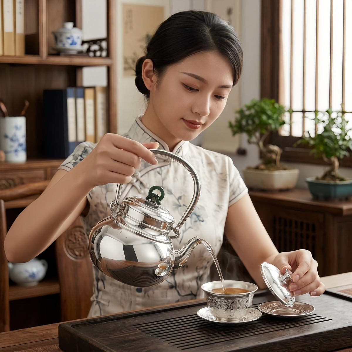 925 Sterling Silver Elegant Polished Silver Tea Kettle with Green Jade Knot Finial and Arch Handle - Handicraft