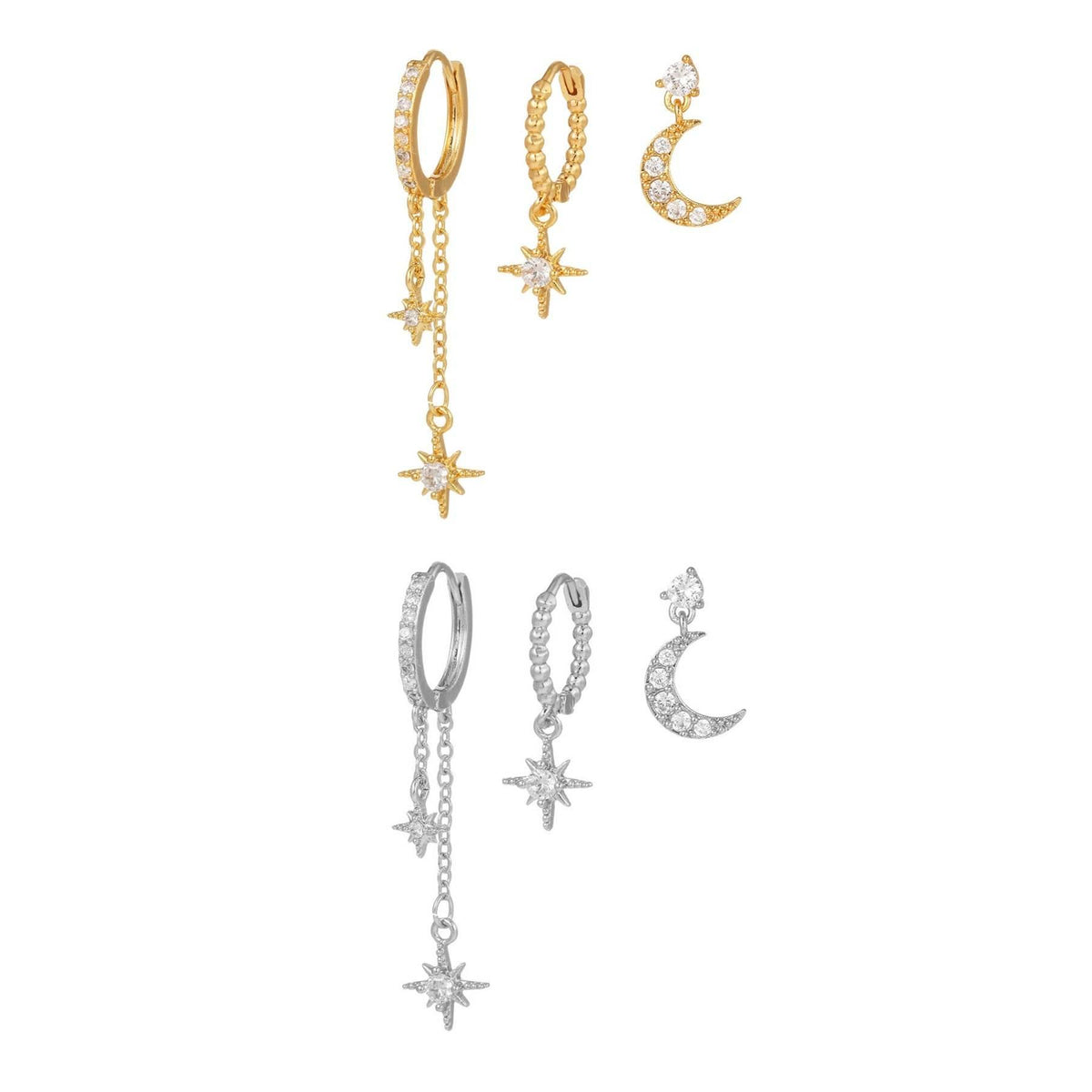 Stacking 3 Pieces Lunar Starlight Glow Earring Set, 18k Gold and White Gold Stud Drop Hoop, S925 Needle, Stacked Lobe Designs with Dazzling Zirconia