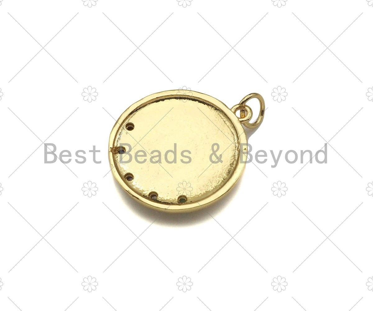 Colorful CZ Micro Pave Virgin Mary On Round Coin Shape Pendant,18K Dainty Gold Medallion Charm, Necklace Bracelet Charm,19x21mm,Sku#JL45