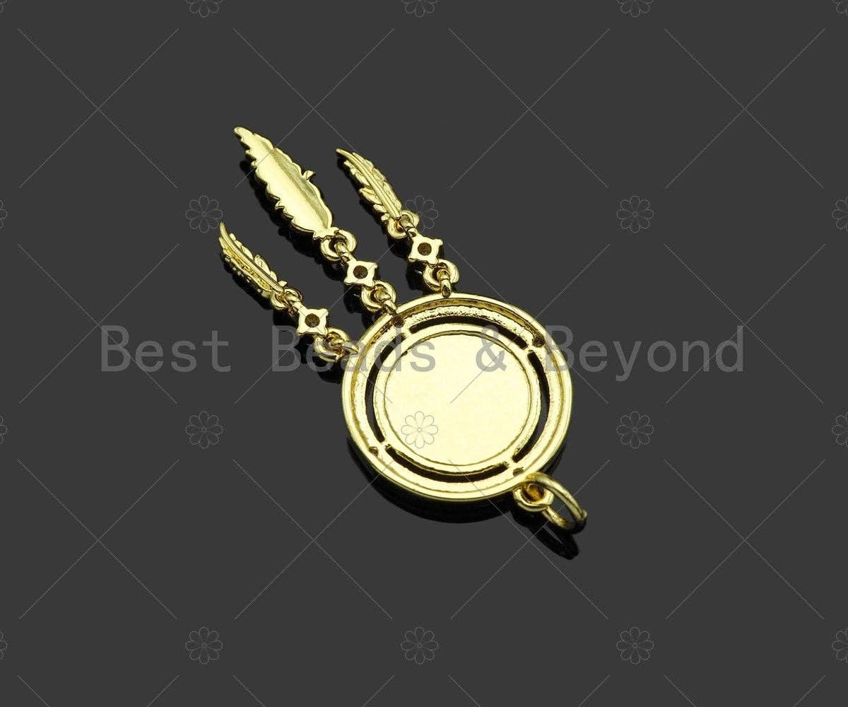CZ Micro Pave Disc With Feather Shape Pendant Charm,Sku#F1357C