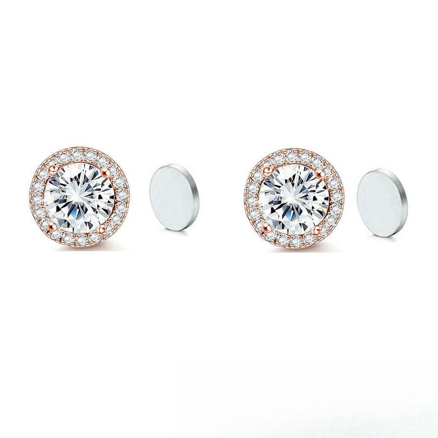 Magnetic CZ Round Halo Stud Earrings for Men Women, Non-Piercing Clip On Studs, Round Cubic Zirconia Stainless Steel