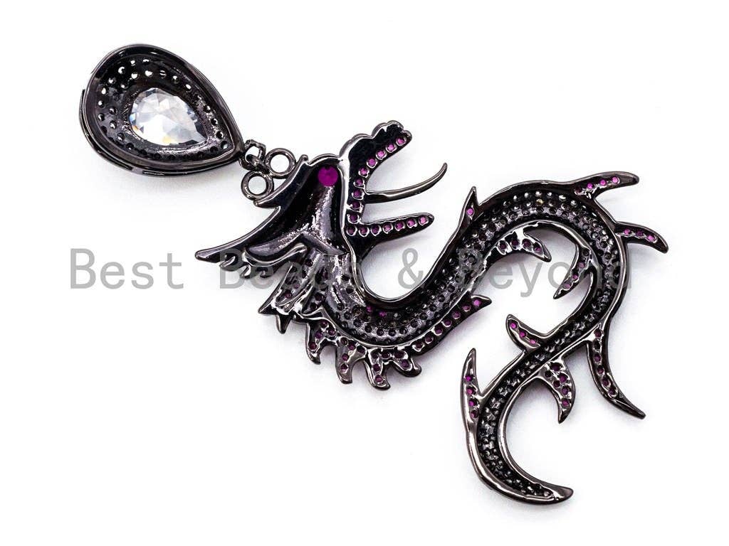 CZ Micro Pave Dragon Pendant, Cubic Zirconia Pendant, Turquoise/Silver/Fuchsia/Violet/Cobalt, 37x70mm, SKU#F318
