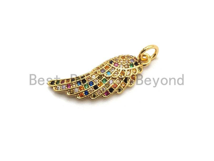 CZ Colorful Micro Pave Angel Wing Pendant, Angel Wing Shaped Pave Pendant, Gold plated, 8x23mm, Sku#F726