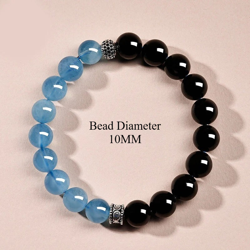 Geometric Black Obsidian & Aquamarine Bracelet in Sterling Silver
