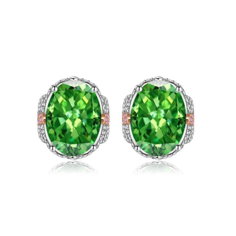 Multicolor Ice Flower Cut Oval CZ Stud Earrings, Blue & Green 7*9mm 8A Cubic Zirconia, S925 Silver Needle, Two-Tone Pave CZ Halo, Dainty Luxe